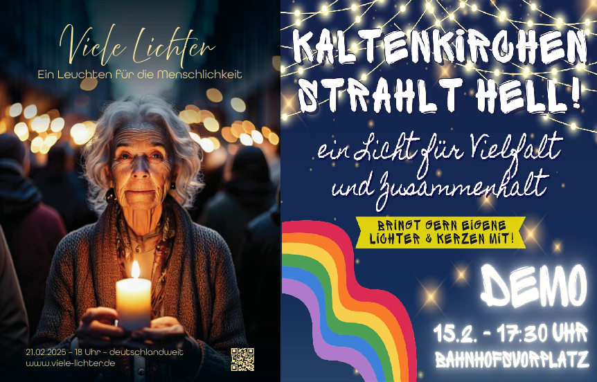 Links ein Teil des Flyers von der Viele-Lichter Aktion und Rechts ein Teil des Bündnisflyers für die Aktion Kaltenkirchen strahlt hell - beide Flyer sind beleuchtet mit kerze oder lichterkette