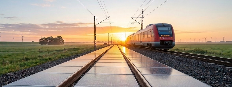 Ein Foto von Bahngleisen in einer flachen Landschaft. Die Sonne geht gerade am Horizont auf und macht den Himmel orange und gelb. Auf der rechten Seite fährt ein roter Regionalzug. Auf der linken Seite liegen moderne Solarpaneele direkt zwischen den Metallschienen auf dem Boden. Im Hintergrund sieht man grüne Wiesen und Windräder.