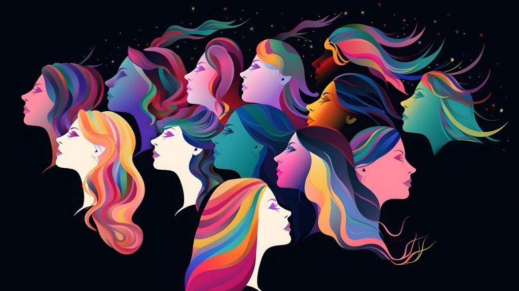 Viele bunte weiblich gelesene Köpfe auf einem schwarzen Hintergrund