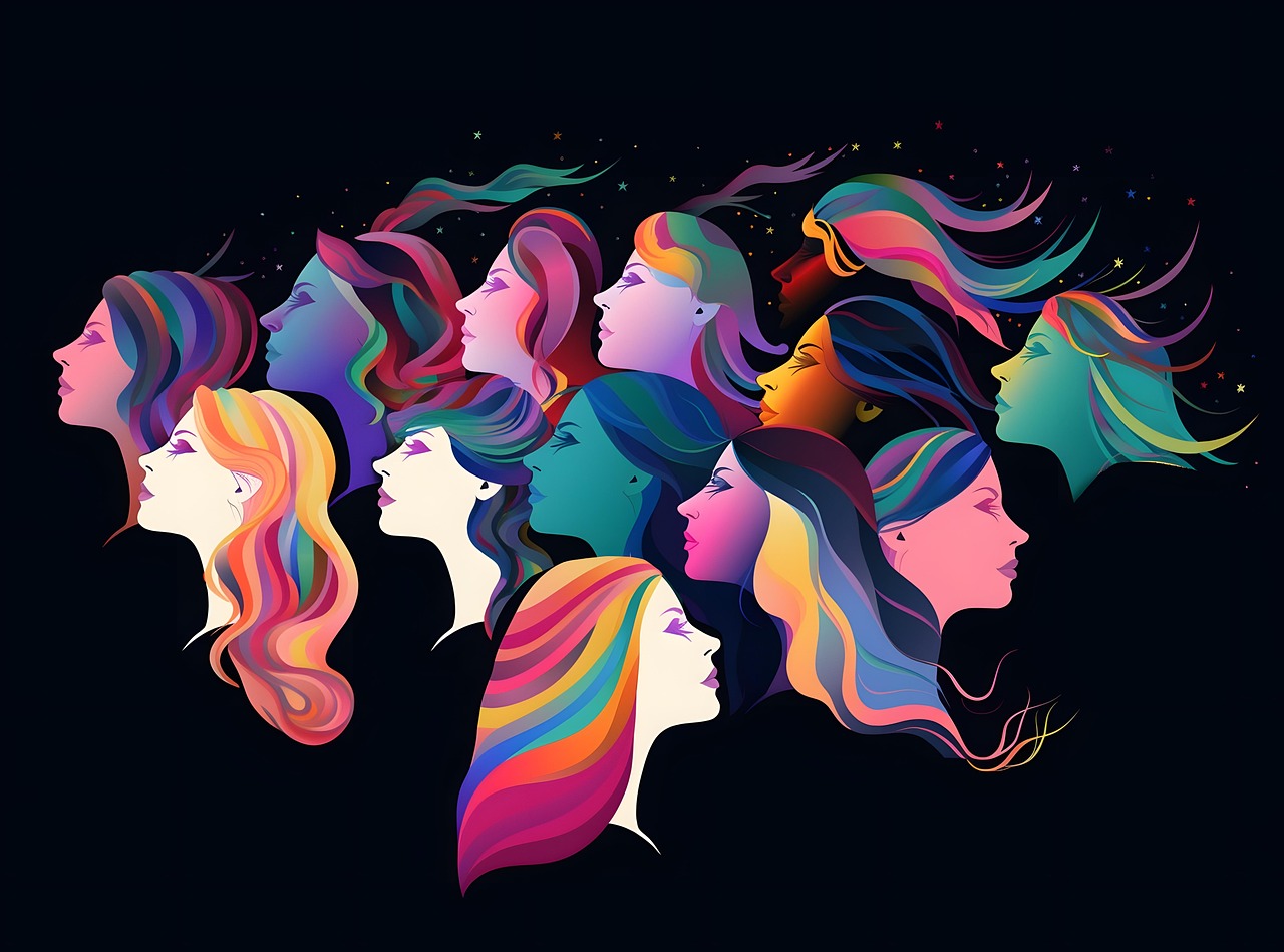 Viele bunte weiblich gelesene Köpfe auf einem schwarzen Hintergrund