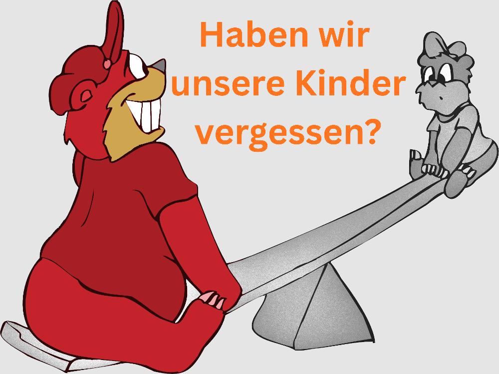 Ein alter Bär sitzt unten an der Wippe und lässt das Jungtier nicht runter