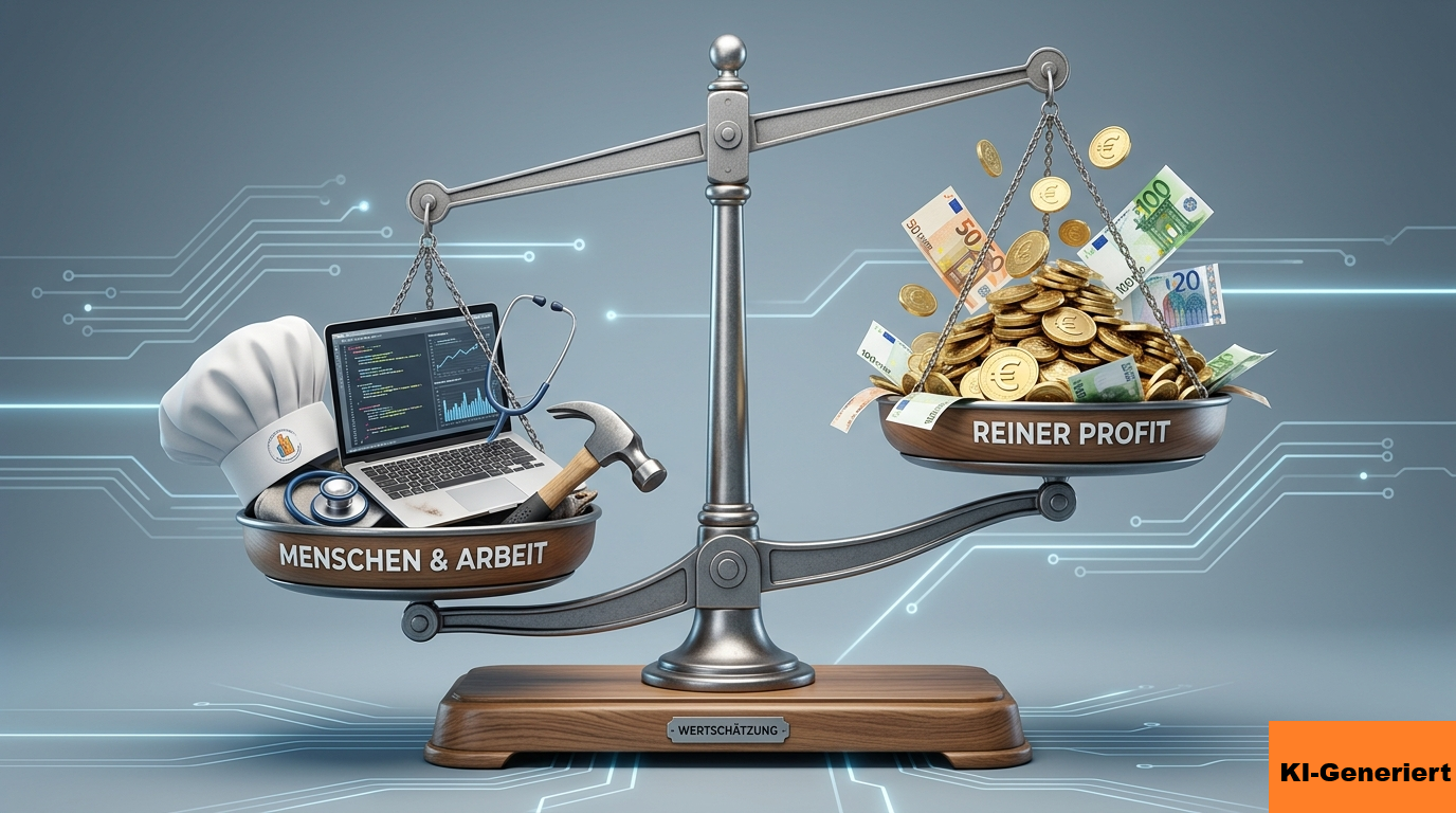 Eine nach links geneigte Waage Menschen und Arbeit Links und rechts Profit