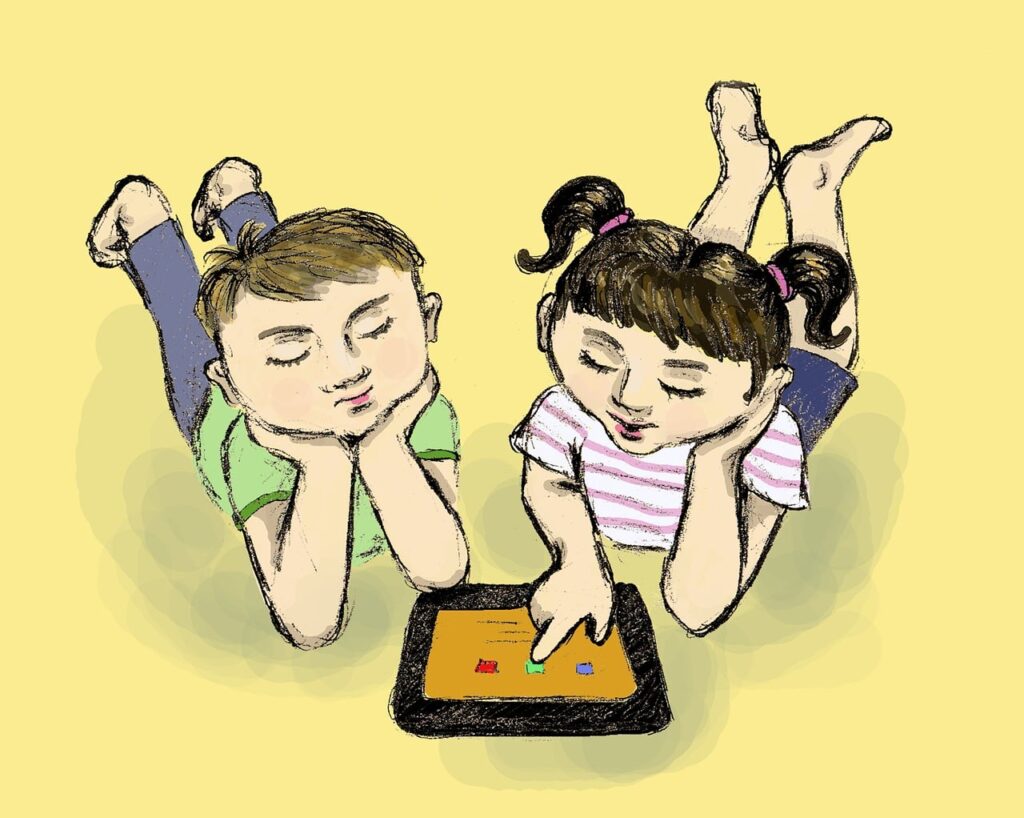 Kinder spielen am Tablet und wählen etwas aus